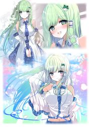 1girl absurdres bare_shoulders blue_skirt blunt_bangs blush breasts closed_mouth collared_shirt detached_sleeves dot_nose facing_viewer frog_hair_ornament green_eyes green_hair hair_ornament hair_tubes highres kochiya_sanae large_breasts long_hair long_sleeves looking_at_viewer midriff multiple_views navel open_mouth print_skirt ribbon-trimmed_sleeves ribbon_trim shirt single_hair_tube single_sidelock skirt skirt_set sleeveless sleeveless_shirt snake_hair_ornament tomo_(uguisu-tei) touhou upper_body very_long_hair wide_sleeves wing_collar