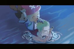 2boys ^_^ antlers arm_up blue_nose closed_eyes commentary cross epcl4zj4u green_hair hat horns letterboxed male_focus multiple_boys on_shoulder one_piece pink_hat reindeer_antlers roronoa_zoro short_hair shorts tony_tony_chopper v-shaped_eyebrows