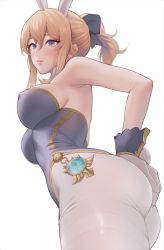 Rule 34 | 1girl, animal ears, ass, bare shoulders, blonde hair, blue bow, blue eyes, blue leotard, blurry, blush, bow, breasts, closed mouth, commentary request, covered erect nipples, cowboy shot, depth of field, detached collar, edogawa roman, fake animal ears, fake tail, from below, from side, genshin impact, gloves, hair between eyes, hair bow, hand on own ass, jean (genshin impact), large breasts, leotard, looking at viewer, looking down, looking to the side, pantyhose, playboy bunny, ponytail, rabbit tail, sidelocks, simple background, solo, standing, strapless, strapless leotard, tail, thighband pantyhose, vision (genshin impact), white background, white gloves, white pantyhose, wrist cuffs