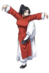 1girl absurdres black_hair changpao china_dress chinese_clothes crane_stance dress fighting fighting_stance highres kokoro_no_koibito kung_fu martial_arts original ponytail red_dress self-upload smile standing standing_on_one_leg yellow_eyes