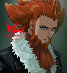 1boy ascot beard black_jacket blue_eyes chinstrap_beard clenched_hands creatures_(company) facial_hair fur-trimmed_collar fur-trimmed_jacket fur_trim game_freak highres jacket light_frown lysandre_(pokemon) male_focus nintendo orange_ascot orange_hair pokemon pokemon_xy portrait short_hair solo spiked_hair suzuki_zentarou team_flare