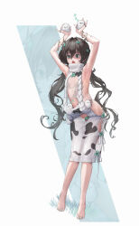 Rule 34 | 1girl, absurdres, animal, arms up, ass, barefoot, birch tree, bird, bracelet, brown hair, cleavage cutout, clothing cutout, clover, clover brooch, commentary request, convenient censoring, cosplay, double-parted bangs, flat chest, goddess of victory: nikke, green eyes, green nails, hair between eyes, hair ornament, highres, holding, holding animal, holding bird, jewelry, knees together feet apart, korean commentary, leaf, leaf hair ornament, long hair, meme attire, messy hair, nail polish, navel, open mouth, oversized clothes, pouch, ribbon, ring, see-through clothes, solo, strap, thigh cutout, tit (bird), toenail polish, toenails, tree, tree print, trina (nikke), trina (nikke) (cosplay), trony (nikke), turtleneck, virgin killer sweater, wide-eyed, zoom layer