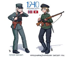 2girls absurdres ammunition_pouch aqua_eyes belt belt_pouch black_footwear black_headwear black_ribbon bleeding blonde_hair blood blood_on_hands blue_eyes bolt_action boots brown_belt collared_shirt dagger english_text full_body german_text green_shirt grey_headwear grey_pants grey_shirt gun gun_sling hair_ribbon hand_on_own_neck handgun hat hat_ornament highres holding holding_gun holding_weapon holster knife krag_jorgensen kriegsmarine long_sleeves looking_at_another m1911 medium_hair military military_hat military_uniform mixed-language_text multiple_girls navy nazi_flag norway norwegian_flag open_mouth original ostwindprojekt pants pants_tucked_in pocket ponytail pouch reichsadler ribbon rifle sailor sheath sheathed shell_casing shirt shoelaces shoes short_hair short_ponytail simple_background soldier teeth two-tone_headwear weapon white_background world_war_ii