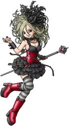 1girl artist_request belt_collar black_collar black_dress black_feathers black_gloves blue_eyes boots bracelet breasts cleavage collar corset dragon_quest dragon_quest_swords dragon_quest_tact dress earrings feather_hair_ornament feathers fingerless_gloves frilled_dress frills full_body game_cg gloves hair_ornament holding holding_staff hoop_earrings jewelry long_hair mage_staff medium_breasts messy_hair nail_polish official_art platform_boots red_boots red_corset red_nails setia silver_earrings single_fingerless_glove single_glove smile solo spiked_bracelet spikes staff striped_clothes striped_thighhighs studded_bracelet thighhighs third-party_source
