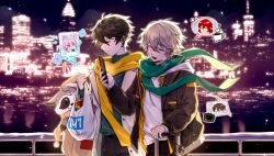 ! 2girls 3boys aqua_eyes belt black-framed_eyewear black_belt black_hair black_jacket black_pants blue_eyes blue_sky brown_hair building buttons caelus_(honkai:_star_rail) camera cellphone charm_(object) city closed_eyes closed_mouth coat coffee cowboy_shot cup dan_heng_(honkai:_star_rail) daochuluanpa eyeliner fingernails floating_clothes fur-trimmed_headwear fur_trim glasses green_scarf green_sweater grey_hair hair_between_eyes hand_up hat highres himeko_(honkai:_star_rail) holding holding_camera holding_phone honkai:_star_rail honkai_(series) hood hoodie jacket lapels long_sleeves looking_at_another makeup march_7th_(honkai:_star_rail) multicolored_eyes multiple_boys multiple_girls night open_clothes open_coat open_jacket open_mouth orange_hat orange_scarf outdoors package pants phone pink_eyes pink_hair pom_pom_(clothes) puffy_long_sleeves puffy_sleeves red_eyeliner river scarf semi-rimless_eyewear short_hair sidelocks sky skyscraper smartphone smile snow snowing sparkle spoken_character standing stuffed_animal stuffed_raccoon stuffed_toy sweater teeth television trailblazer_(honkai:_star_rail) turtleneck turtleneck_sweater welt_yang white_coat white_hoodie winter yellow_scarf yellow_sweater
