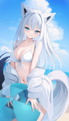 1girl :3 absurdres ahoge animal_ear_fluff animal_ears ball bare_shoulders beach beachball bikini blue_eyes blue_sky breasts cleavage cloud collarbone commentary crossed_bangs day fox_ears fox_girl fox_tail hair_between_eyes highres holding holding_ball holding_beachball hololive long_hair long_sleeves looking_at_viewer medium_breasts navel ocean off_shoulder outdoors shin_insh shirakami_fubuki shirt sidelocks sky smile solo standing stomach sunlight swimsuit tail very_long_hair virtual_youtuber white_bikini white_hair white_shirt