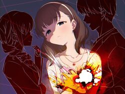 1boy 2girls brown_hair burnt frown grey_eyes hairband heart heart_necklace highres idolmaster idolmaster_cinderella_girls jewelry medium_hair multiple_girls nanananananasea necklace producer_(idolmaster) sakuma_mayu scissors senkawa_chihiro upper_body yandere