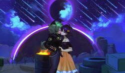 absurdres belle_(zenless_zone_zero) blue_hair caesar_king_(zenless_zone_zero) closed_eyes dress green_hair hair_ornament hand_on_another&#039;s_back highres holding_hands hollow_(zenless_zone_zero) jacket kiss leather leather_jacket mechanical_hands meltted meteor_shower moon ponytail short_hair single_mechanical_hand yuri zenless_zone_zero