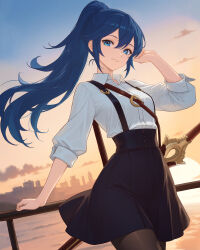 1girl absurdres black_skirt blue_eyes blue_hair breasts closed_mouth collared_shirt falchion_(fire_emblem) fire_emblem fire_emblem_awakening hair_between_eyes highres long_hair looking_at_viewer lucina_(fire_emblem) nintendo pantyhose shirt skirt smile solo suspenders sword truejekart weapon white_shirt
