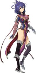 1girl ahoge armored_boots black_thighhighs blue_leotard boots breasts closed_mouth cross-laced_clothes crotch_plate dress eiyuu_densetsu enami_katsumi falcom fingerless_gloves full_body gauntlets gloves hair_ribbon hair_rings highres kuro_no_kiseki_(series) kuro_no_kiseki_i leotard lips medium_breasts medium_hair o-ring official_art pelvic_curtain purple_dress purple_gloves purple_hair purple_ribbon ribbon rixia_mao simple_background solo standing tassel thighhighs thighs third-party_source white_background