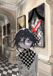 Rule 34 | 1boy, arch, arm behind back, art gallery, black hair, buttons, checkered clothes, checkered scarf, danganronpa (series), danganronpa v3: killing harmony, flipped hair, hair between eyes, highres, iei, indoors, long sleeves, looking at viewer, male focus, medium hair, oma kokichi, picture frame, purple eyes, purple hair, sa (pixiv 89232413), scarf, smile, solo, tile floor, tiles, two-tone scarf, upper body