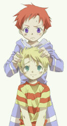 1boy 1girl blonde_hair blush child closed_mouth commentary_request green_eyes hands_on_another&#039;s_head height_difference hood hoodie ichiyo_(ichiyon) kumatora long_sleeves lucas_(mother_3) mother_(series) mother_3 nintendo pink_hair purple_eyes shirt short_hair short_sleeves simple_background smile striped_clothes striped_shirt sweatdrop tomboy