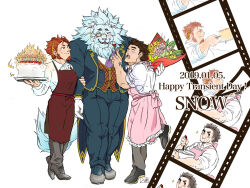 3boys absurdres animal_ears apron birthday_cake black_hair black_pants black_shoes black_suit blush bouquet cake candle character_name claude_(housamo) closed_mouth commentary_request dated facial_hair facing_another film_reel fire flower food fork formal_clothes full_body furry furry_male gloves goatee happy_birthday highres holding holding_bouquet holding_cake holding_food holding_fork irurahiko laurel_crown lion_boy lion_ears lion_mane lion_tail looking_at_another male_focus monocle multiple_boys muscular muscular_male open_mouth pants pink_apron protagonist_3_(housamo) red_apron red_hair shirt shoes smile snow_(housamo) star_(symbol) suit tail tokyo_houkago_summoners too_many_candles whiskers white_gloves white_shirt