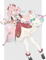Rule 34 | 1girl, 1other, aqua bow, aqua eyes, aqua hair, beret, black boots, blush, boots, bow, bowtie, closed mouth, crown, dress, erua ( 8eru), gold crown, gradient hair, hair between eyes, hair ornament, hat, holding, holding staff, honkai: star rail, honkai (series), hyacine (honkai: star rail), little ica (honkai: star rail), long sleeves, multicolored hair, pantyhose, pink bow, pink bowtie, pink hair, red dress, smile, staff, twintails, twitter username, unicorn, white pantyhose, wings