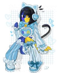 Rule 34 | 1girl, black eyes, black hair, blue skin, blunt bangs, colored skin, commentary, ena (ena), ena (series), ena (species), happy ena, highres, hourglass dog, low poly, multicolored skin, smile, solo, split-color skin, symbol-only commentary, tenshi kaiwai, two-tone skin, usagimarumei, yellow skin