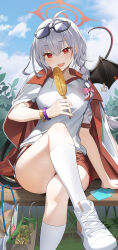 1girl absurdres ahoge bag blue_archive braid cloud corn crossed_legs day eucha eyewear_on_head food grey_hair gym_uniform halo haruna_(blue_archive) haruna_(track)_(blue_archive) highres holding holding_food jacket jacket_on_shoulders long_hair open_mouth outdoors red_eyes red_shorts shirt shoes shopping_bag short_sleeves shorts single_wing sitting skewer smile sneakers socks solo sunglasses tail white_jacket white_shirt white_shoes white_socks wings wristband