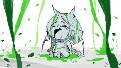 1girl aged_down ahoge animal_ears arknights cat_ears closed_eyes crying full_body green_theme highres huge_ahoge mon3tr_(arknights) open_mouth partially_colored shoes simple_background solo streaming_tears tail tears teasmacker toddler white_background