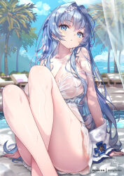 1girl blue_eyes blue_hair blue_sky breasts cleavage cloud commentary_request day dress flower goddess_of_victory:_nikke hair_flower hair_ornament helm_(nikke) helm_(post-shower_moment)_(nikke) highres hong_(white_spider) large_breasts long_hair looking_at_viewer ocean official_alternate_costume outdoors palm_tree patreon_username see-through_clothes see-through_dress sitting sky solo summer thighs tree very_long_hair wet wet_clothes white_dress white_flower