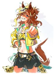 Rule 34 | 1girl, animal ears, artist name, bandeau, belt, black skirt, blush, braid, breasts, brown hair, clenched hand, cowboy shot, ear piercing, flat chest, grin, hair ornament, hairclip, half up braid, hand on own hip, highres, horse ears, horse girl, horse tail, jacket, jungle pocket (umamusume), kiikanna, long sleeves, looking at viewer, medium breasts, midriff, miniskirt, navel, notched ear, open clothes, open jacket, outstretched arm, piercing, ponytail, reaching, reaching towards viewer, short ponytail, skirt, smile, solo, suspender skirt, suspenders, tail, umamusume, white background, yellow jacket
