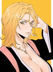 1girl alternate_eye_color arm_behind_head bleach bleach:_sennen_kessen-hen blonde_hair breasts chain chain_necklace female_focus green_eyes jewelry large_breasts lips matsumoto_rangiku medium_hair mole mole_under_mouth n_(nauki_11) necklace pink_shawl shawl shihakusho upper_body