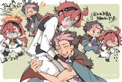 ! !! 1boy 1girl ahoge asticassia_school_uniform black_footwear black_hairband blue_eyes blush border brown_hair chibi closed_eyes fang furrowed_brow gold_trim green_background green_jacket green_shorts guel_jeturk gundam gundam_suisei_no_majo hairband highres jacket jacket_on_shoulders long_hair low_ponytail mole mole_under_eye mullet multi-tied_hair multicolored_hair open_mouth pink_hair ponytail purple_tank_top red_hair school_uniform shaded_face short_hair_with_long_locks shorts single_sidelock smile souse_me suletta_mercury sweatdrop tank_top tears thick_eyebrows twitter_username two-tone_hair white_border white_jacket white_shorts