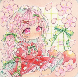 1girl amu_(m_aa) arm_ribbon bow braid cherry cherry_blossoms closed_mouth commentary_request dated deformed flower food frilled_sailor_collar frills fruit green_bow green_ribbon hair_bow hair_flower hair_ornament long_hair neck_ribbon original painting_(medium) petals petticoat pink_eyes pink_flower pink_hair pleated_skirt puffy_short_sleeves puffy_sleeves red_shirt red_skirt ribbon sailor_collar sailor_shirt shirt short_sleeves signature skirt skirt_set smile solo tareme traditional_media twin_braids watercolor_(medium) x_hair_ornament