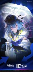 Rule 34 | 1boy, 2025, absurdres, arknights, blue background, blue hair, copyright name, english text, expressionless, facing viewer, gloves, hair between eyes, highres, holding, holding umbrella, id card, infection monitor (arknights), looking to the side, male focus, mizuki (arknights), official art, purple eyes, raincoat, simple background, solo, umbrella, white gloves, white umbrella