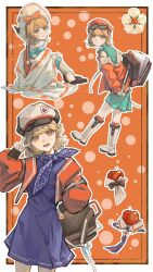 1girl :d absurdres ankle_boots apple apple_(reverse:1999) aqua_dress aqua_shirt backpack bag banner beret bicorne black_boots black_bow black_bowtie blue_dress blue_neckerchief boots border bow bow_hairband bowtie brown_hair cowboy_shot dress eyewear_on_head food fruit full_body hairband hand_up hat head_tilt highres holding_banner jacket knee_boots multiple_views neckerchief newsboy_cap off_shoulder official_alternate_costume open_bag open_clothes open_jacket open_mouth orange_eyes outside_border polka_dot_neckerchief record_jacket red_background red_hairband red_hat red_jacket red_vest regulus_(reverse:1999) regulus_(the_fierce_fan)_(reverse:1999) reverse:1999 shirt short_dress short_hair sitting sleeveless sleeveless_dress smile standing sunglasses tongshan_treeless traditional_bowtie v vest white_boots white_border white_hat