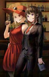 2girls absurdres aoi_hane bar_(place) black_collar blonde_hair bottle breasts closed_mouth collar commentary_request dress earpiece formal_clothes gun hand_on_another&#039;s_hip handgun hat highres inoue_takina lycoris_recoil multiple_girls necktie nishikigi_chisato pinky_out purple_eyes red_dress red_eyes red_hat red_necktie suit sun_hat weapon