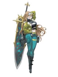 Rule 34 | 1girl, absurdres, arm up, arowana2111, belt, black boots, black gloves, black jacket, black pants, blue eyes, blue pants, blunt bangs, boots, breasts, brown hair, cleavage cutout, closed mouth, clothing cutout, commentary, earrings, english commentary, fingerless gloves, full body, gloves, goggles, goggles on head, highres, huge weapon, jacket, jewelry, kneehighs, long hair, looking at viewer, medium breasts, navel, original, pants, socks, solo, thigh belt, thigh strap, thighs, weapon, white background, yellow belt