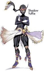 1girl bodysuit breasts character_name cosplay crossed_arms dagger decoponmagi final_fantasy final_fantasy_vi full_body highres in-franchise_crossover knife looking_at_viewer mask shadow_(ff6) shadow_(ff6)_(cosplay) simple_background solo standing trait_connection weapon yuffie_kisaragi