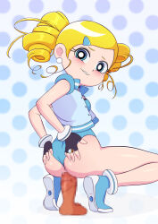 1girl arms_behind_back bare_arms bare_legs black_gloves blonde_hair blue_background blue_eyes blue_jacket blue_leotard blue_shoes blush breasts censored dildo dildo_riding dot_nose drill_hair earrings eyebrows eyelashes female_focus fingerless_gloves from_behind full_body gloves goutokuji_miyako hands_on_own_ass highleg highleg_leotard jacket jewelry leotard lip_biting looking_at_viewer looking_back morfinared mosaic_censoring multicolored_shoes naughty_face open_clothes open_jacket petite powerpuff_girls_z rolling_bubbles sex_toy shoes short_hair simple_background sleeveless sleeveless_jacket small_breasts solo squatting teeth tiptoes twin_drills two-tone_shoes white_shoes