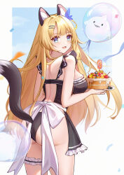 Rule 34 | 1girl, absurdres, animal ears, apron, ass, back, bare shoulders, black apron, black panties, blonde hair, blush, breasts, bubble, cake, commentary request, fang, food, frilled apron, frills, fruit, galo (warship girls r), hair ornament, hairclip, highres, holding, holding cake, holding food, inset border, long hair, looking at viewer, looking back, medium breasts, nearly naked apron, open mouth, p-deng, panties, saratoga (warship girls r), simple background, skin fang, solo, standing, tail, thigh strap, thighs, underwear, very long hair, warship girls r, wedgie, white background, white trim