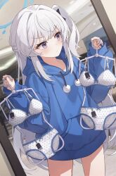 Rule 34 | 1girl, blue archive, blue halo, blue hoodie, bra, closed mouth, clothes hanger, grey hair, halo, highres, holding, holding clothes hanger, hood, hood down, hoodie, long hair, mirror, miyako (blue archive), panties, purple eyes, reflection, ripnte, sleeves past wrists, solo, underwear, unworn bra, unworn panties, very long hair, white bra, white panties