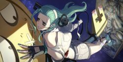 1girl a.b.a absurdres bags_under_eyes bandaged_chest bandages blood bloody_bandages blush gate green_eyes green_hair guilty_gear guilty_gear_strive headband highres key key_in_head nail_polish object_through_head paracelsus_(guilty_gear) sach560070 smile space stitched_mouth stitches