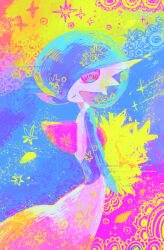 Rule 34 | 1girl, alternate color, arms behind back, backlighting, blue background, blue hair, blue skin, bob cut, bouquet, closed mouth, colored skin, colorful, female focus, flat chest, flower, from side, gardevoir, gen 3 pokemon, hair over one eye, happy, holding, holding behind back, holding bouquet, looking at viewer, multicolored skin, nintendo, one eye covered, otonoha aika, pink eyes, pokemon, pokemon (creature), shiny pokemon, short hair, smile, solo, sparkle, standing, two-tone skin, white skin, yellow flower