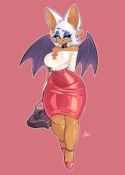 1girl absurdres aqua_eyes bag bare_shoulders bat_wings biting_own_lip breasts choker cleavage curvy earrings female_focus full_body furry furry_female handbag highres jamoart jewelry large_breasts rouge_the_bat secretary short_hair simple_background solo sonic_(series) white_hair wide_hips wings