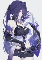 Rule 34 | 1girl, acheron (honkai: star rail), black gloves, black shorts, breasts, bunching hair, closed mouth, cowboy shot, fingerless gloves, gloves, halterneck, highres, honkai: star rail, honkai (series), klq gm, long hair, midriff, purple eyes, purple hair, short shorts, shorts, single fingerless glove, single wide sleeve, solo, very long hair