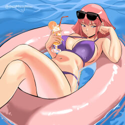 1girl bikini breasts clenched_hand closed_mouth cocktail commentary cup david_huang drink drinking_straw english_commentary eyewear_on_head feet_out_of_frame gundam haman_karn hand_on_own_head highres holding holding_cup holding_drink ice ice_cube innertube large_breasts looking_to_the_side navel outdoors pink_eyes pink_hair purple_bikini signature solo sunglasses swim_ring swimsuit twitter_username water zeta_gundam