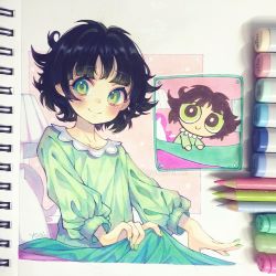 Rule 34 | 1girl, absurdres, animification, anny (yoai), art tools in frame, artist name, black hair, blanket, blunt bangs, blush, buttercup (ppg), buttercup redraw challenge (meme), collar, collarbone, colored pencil, colored pencil (medium), commentary, english commentary, frilled collar, frills, green nails, green nightgown, hair flaps, hatching (texture), highres, instagram username, lamp, linear hatching, long sleeves, looking at viewer, marker, marker (medium), meme, messy hair, multicolored eyes, nail polish, nightgown, on bed, orange eyes, pen (medium), pencil, photo (medium), pillow, powerpuff girls, puffy sleeves, purple eyes, reference inset, short hair, sidelocks, sitting, smile, solo, split mouth, traditional media, upper body, watermark