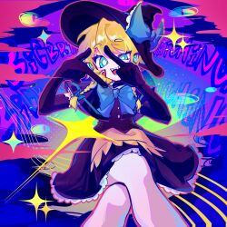 1girl absurdres apron artist_request black_capelet black_gloves black_hat black_skirt black_vest blonde_hair blue_background blue_bow blue_bowtie blue_eyes bow bowtie braid bright_pupils brown_apron buttons capelet commission cookie_(touhou) elbow_gloves extra_mouth feet_out_of_frame finger_frame frilled_skirt frills gloves hat hat_bow highres kirisame_marisa looking_at_viewer meguru_(cookie) musical_staff open_mouth second-party_source short_hair side_braids skirt smile solo teeth touhou twin_braids vest waist_apron white_pupils witch_hat
