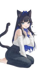 1girl animal_ears arch_05x bare_shoulders barefoot black_heart_(neptunia) blue_eyes blue_hair blue_nails blue_pants blunt_bangs blush breasts cat_ears cat_tail colored_inner_hair commentary denim detached_sleeves ear_piercing english_commentary extra_ears feet fingernails hair_intakes heart high-waist_pants highres hololive hololive_english jeans jewelry large_breasts long_hair long_sleeves looking_at_viewer multicolored_hair nail_polish official_alternate_costume ouro_kronii ouro_kronii_(casual) pants piercing seiza shirt simple_background sitting soles solo tail tongue very_long_hair virtual_youtuber white_background white_shirt