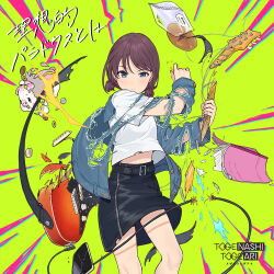 1girl absurdres album_cover anpan belt black_skirt blue_eyes book bread broken brown_hair cable carrying cellphone closed_mouth coin commentary_request cover denim denim_jacket emphasis_lines feet_out_of_frame food girls_band_cry guitar highres holed_coin instrument iseri_nina jacket looking_at_viewer official_art phone piggy_bank second-party_source shirt short_hair short_twintails skirt smartphone solo sparks standing teshima_nari torn_clothes torn_jacket twintails white_shirt wince yellow_background yen zipper zipper_skirt