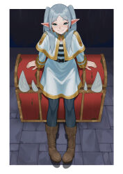 1girl animate_object arm_support arms_at_sides belt belt_around_waist belt_buckle black_belt black_pantyhose black_stripes boots border brown_boots buckle capelet closed_mouth collared_capelet commentary dark dress earrings elf english_commentary eyebrows_hidden_by_hair fangs fantasy flat_chest frieren from_above full_body gold_sleeve_cuffs gold_trim grey_eyes grey_hair hair_over_shoulder half-closed_eyes highres indoors jewelry karassawa knees large_ears leather leather_boots light_blush long_eyelashes long_hair long_sleeves looking_at_viewer looking_up mimic mimic_chest narrowed_eyes outside_border pantyhose parted_bangs pointy_ears raised_eyebrows short_dress shoulder_boards sidelocks sitting sitting_on_object smile solo sousou_no_frieren split_mouth stone_floor straight-on striped_blush striped_clothes striped_dress teeth thick_eyebrows thick_eyelashes treasure_chest twintails v-shaped_eyebrows very_long_hair white_border white_capelet white_dress wide_sleeves