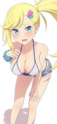 Rule 34 | 1girl, absurdres, bikini, bikini under shorts, blonde hair, blue shorts, breasts, cleavage, collarbone, commentary request, hair ornament, hand on own thigh, heart, heart hair ornament, highres, knees, large breasts, legs, long hair, looking at viewer, minerva (re:zero), na-suke, re:zero kara hajimeru isekai seikatsu, short shorts, shorts, side ponytail, solo, standing, swimsuit, thighs, torn clothes, torn shorts, white bikini