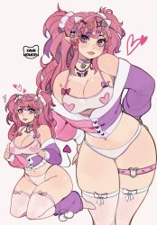 1girl arms_behind_back artist_name blush bra breasts choker closed_mouth collar crop_top eyebrows_hidden_by_hair eyes_visible_through_hair hair_elastic hair_ornament heart highleg highleg_panties highres indie_virtual_youtuber ironmouse jewelry kamii_momoru large_breasts lipstick long_hair looking_at_viewer makeup multicolored_hair navel necklace panties pink_hair pink_lips pointy_ears purple_choker purple_eyes purple_hair seiza signature sitting smile solo spiked_collar spikes standing streaked_hair teeth thigh_strap thighhighs thighs twintails underwear virtual_youtuber vshojo white_background white_bra white_panties white_thighhighs
