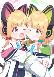 2girls ;d absurdres animal_ear_headphones animal_ears black_skirt black_tail blonde_hair blue_archive blue_bow blue_necktie blunt_bangs blush bow buttons cat_ear_headphones cat_ears cat_tail cheek-to-cheek closed_mouth collared_shirt commentary_request dot_nose dress_shirt eye_contact fake_animal_ears fake_tail green_eyes green_halo green_jacket hair_bow halo hand_on_another&#039;s_arm hand_on_another&#039;s_back headphones heads_together highres hug jacket long_sleeves looking_at_another low-tied_sidelocks mashi_stkt midori_(blue_archive) momoi_(blue_archive) multicolored_jacket multiple_girls necktie off_shoulder one_eye_closed open_clothes open_jacket open_mouth outstretched_arms parted_bangs pink_eyes pink_halo pink_jacket pleated_skirt raised_eyebrow red_bow school_uniform shirt shirt_tucked_in short_hair siblings sidelocks simple_background sisters skirt smile split_mouth suspender_skirt suspenders tail tail_bow tail_ornament tareme teeth twins unbuttoned unbuttoned_jacket upper_body upper_teeth_only v-shaped_eyebrows white_background white_jacket white_shirt wide_sleeves