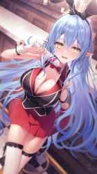 1girl ahoge animal_ears bar_(place) black_bra black_vest blue_hair blurry blurry_background blush bra breasts bunny_garden cleavage cosplay cowboy_shot cup drinking_glass elf heart heart_ahoge highres holding holding_cup hololive indoors joeillustrate kana_(bunny_garden) kana_(bunny_garden)_(cosplay) large_breasts multicolored_hair pink_hair pointy_ears rabbit_ears red_skirt skirt solo tears thighhighs two-tone_hair underwear vest virtual_youtuber white_thighhighs wine_glass yellow_eyes yukihana_lamy