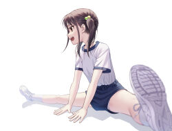 Rule 34 | 1girl, absurdres, blue shorts, brown eyes, brown hair, full body, gym uniform, highres, open mouth, original, panties, panty peek, shirt, shoes, short shorts, shorts, simple background, sitting, smile, sneakers, socks, solo, split, stretching, tsunenorip, twintails, underwear, white background, white panties, white shirt, white shoes, white socks