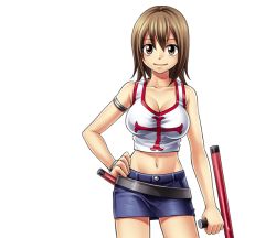 1girl breasts brown_eyes cleavage elie large_breasts light_brown_hair looking_at_viewer midriff navel official_art rave_(manga) smile tonfa weapon